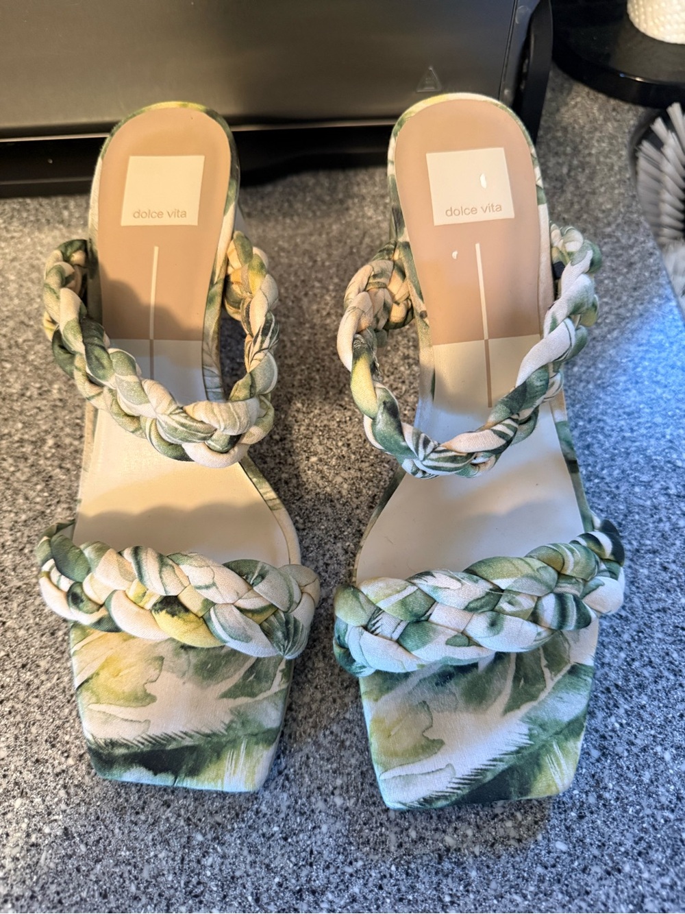 Dolce Vita Green and Cream Braided Strap Heeled Sandals